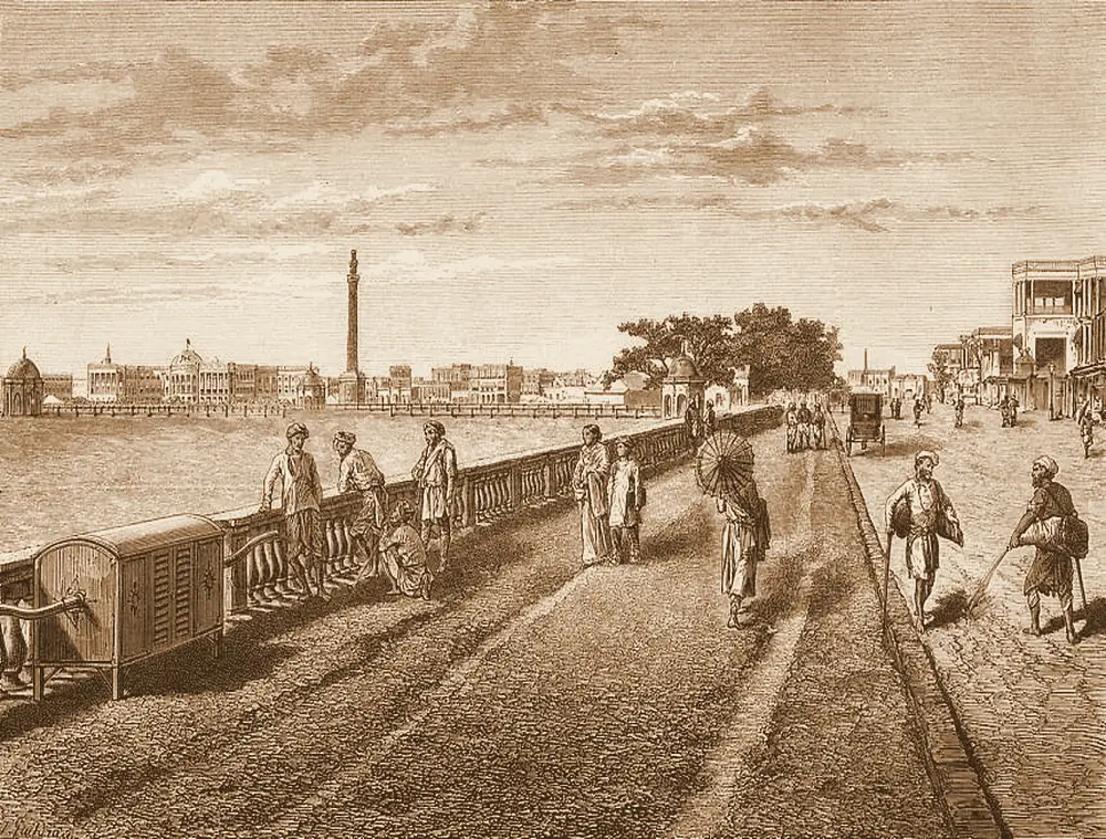 Strollers along the Esplanade at Calcutta, Government House beyond — wood engraving, 19th century