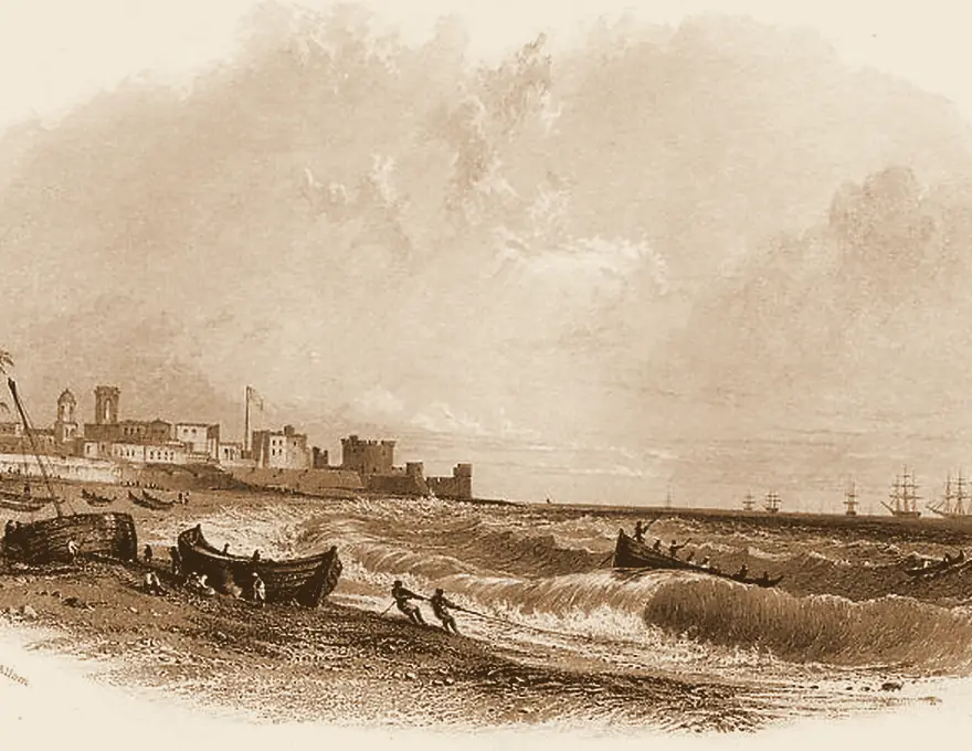 Madras from the sea, masula boats running the surf to the landing place — steel engraving after Thomas Allom